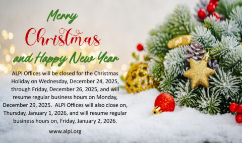 Festive Christmas-themed holiday announcement for ALPI office holiday hours and closures.